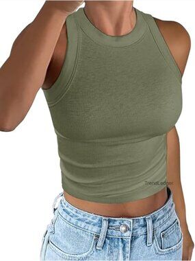 Racerback Ribbed Tank Top High Neck Slim Fit Crop or Regular Length